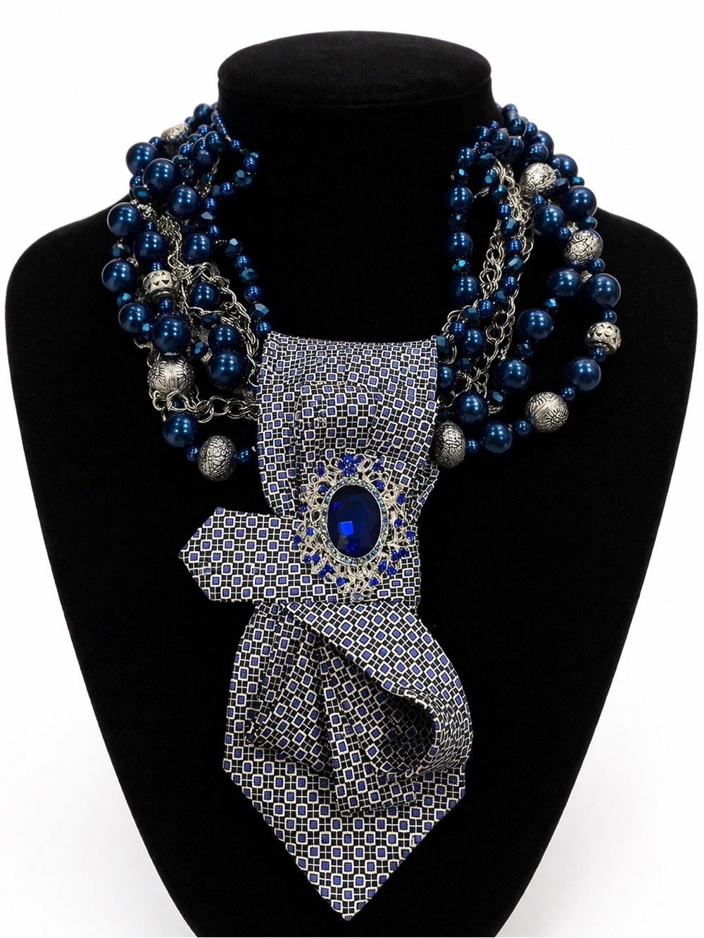 Handcrafted Blue Women’s Necktie Necklace Statement Jewelry One of a Kind